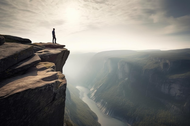 A man stands on a cliff in a mountain valley.