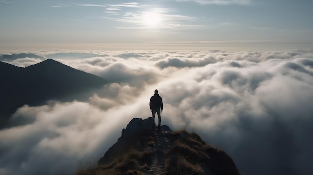 A man stands on a cliff in the mountains above the clouds