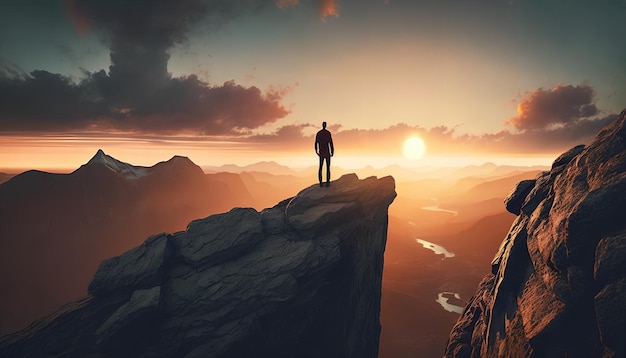 A man stands on a cliff in the mountains looking at the sunset.