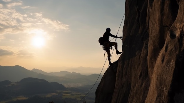 A man stands on a cliff in the mountains with the sun shining on his back