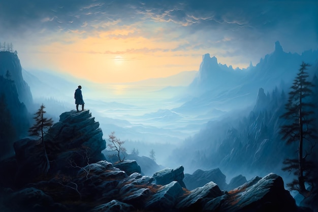 A man stands on a cliff in the mountains.