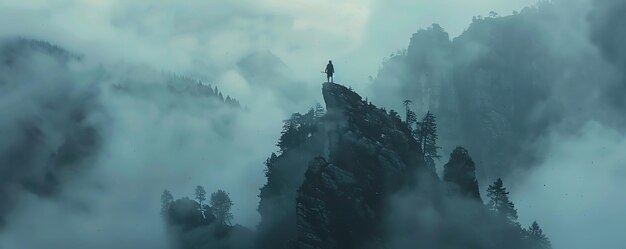 a man stands on a cliff overlooking a mountain landscape