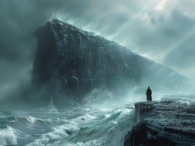 a man stands on a cliff overlooking the ocean and a wave