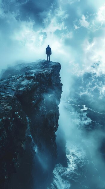 a man stands on a cliff overlooking the ocean