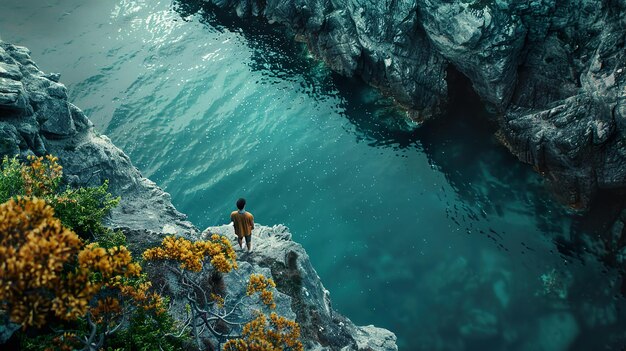 Photo a man stands on a cliff overlooking a river and the ocean