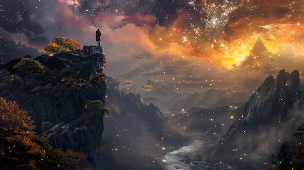 Photo a man stands on a cliff overlooking a river and the sky is lit up