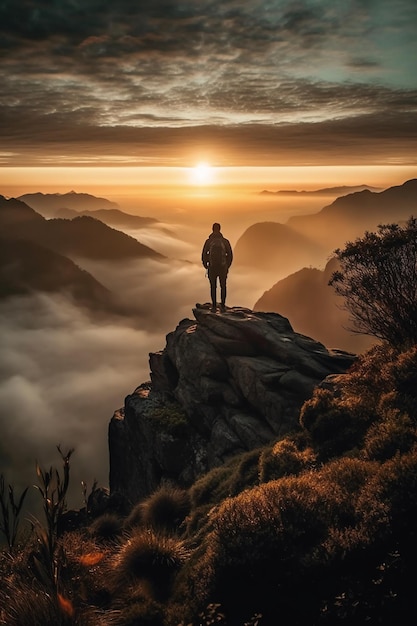 A man stands on a cliff overlooking a sunset.