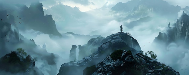 a man stands on a cliff overlooking a waterfall and mountains