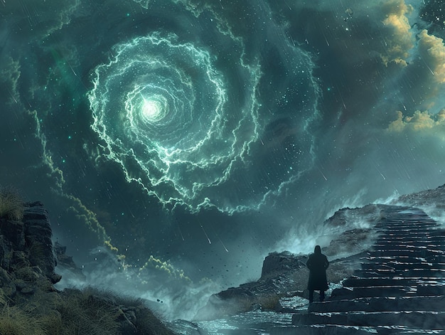 a man stands on a cliff with a spiral in the sky