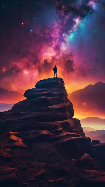 Photo a man stands on a cliff with the stars in the background