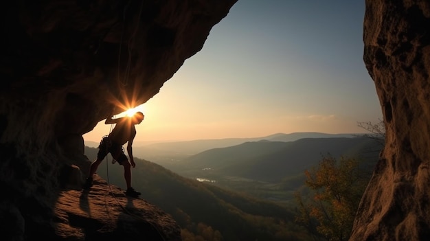 A man stands on a cliff with the sun shining on his face.