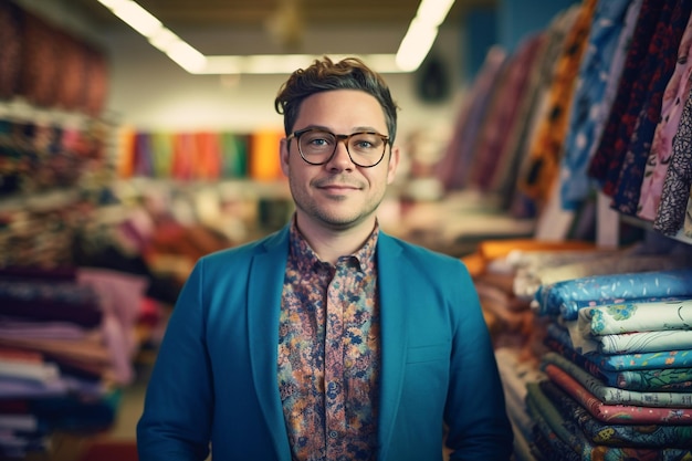 A man stands in a clothing store wearing a blue blazer and a blue jacket.