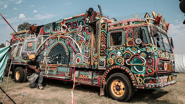 a man stands next to a colorful bus with the number 37 on it