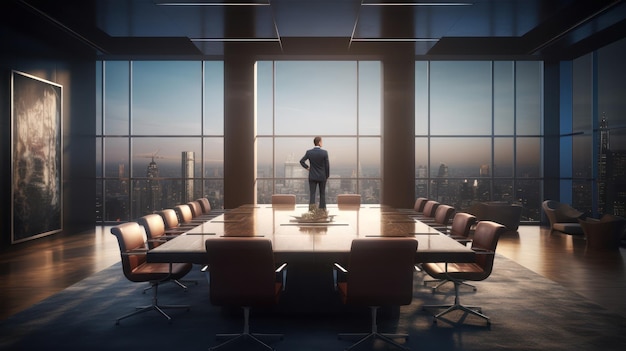 A man stands in a conference room looking out to a city.