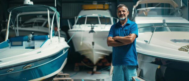 Photo a man stands confidently in a boat storage facility surrounded by various boats displaying pride and competence