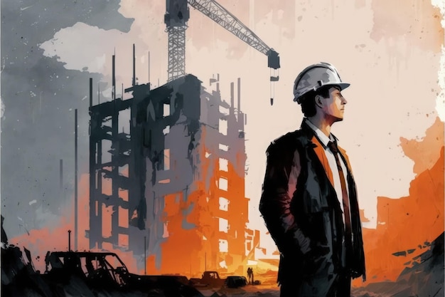 A man stands in a construction site surrounded by buildings under construction Fantasy concept Illustration painting Generative AI