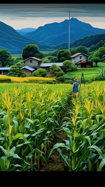 a man stands in a corn field with a mountain in the background