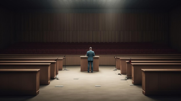 A man stands in a court room with a wooden bench that says'the word'on it '