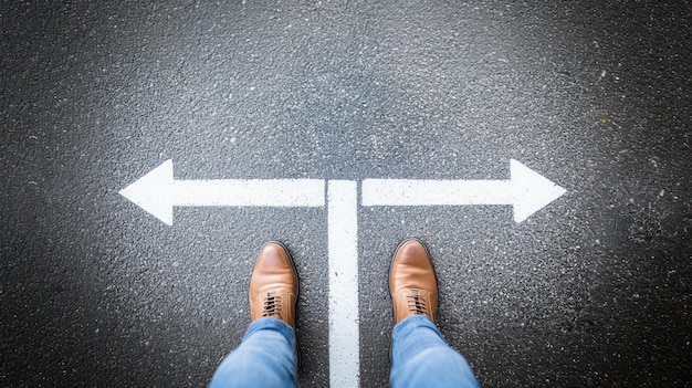 Photo a man stands at a crossroads with arrows pointing left and right deciding between directions hybrid work setup office environment