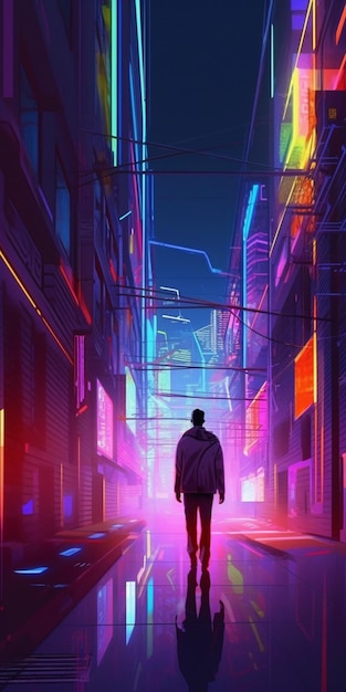 A man stands in a dark alley with a neon sign that says'cyberpunk'on it.