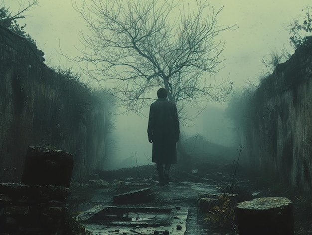 a man stands in a dark alley with a tree in the background