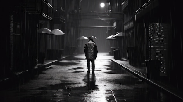 A man stands in a dark alley with a white hat on.