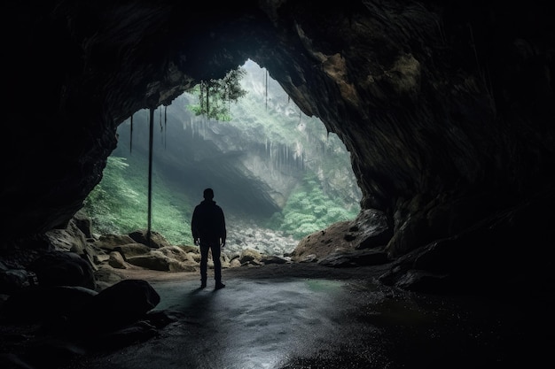 A man stands in a dark cave with a large opening in the middle Generative AI