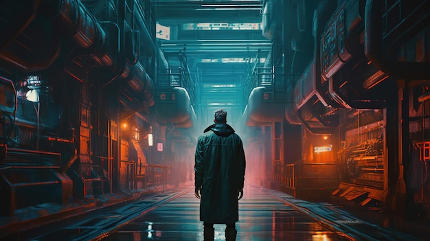 A man stands in a dark city with a neon sign that says'cyberpunk '