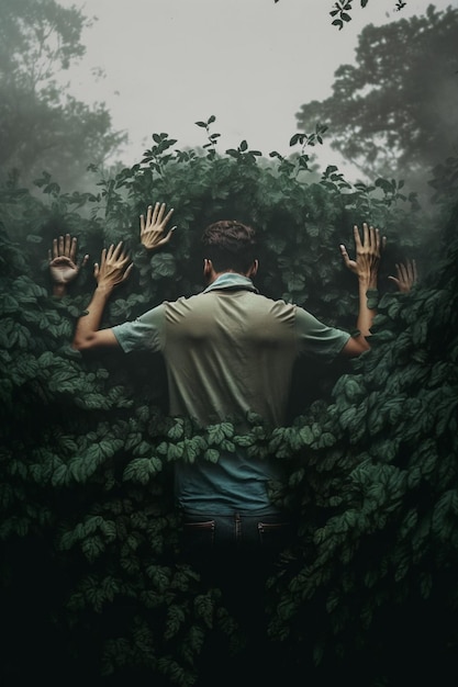 A man stands in a dark forest with his hands on his head.