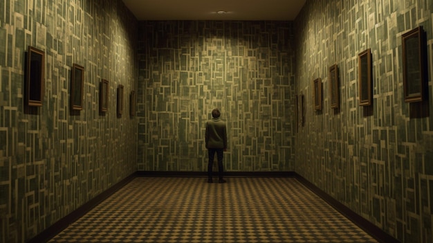 A man stands in a dark hallway with many rows of