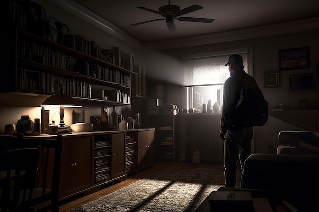 A man stands in a dark room with a book shelf that says'the last of us'on it