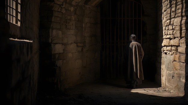 a man stands in a dark room with a door in the background