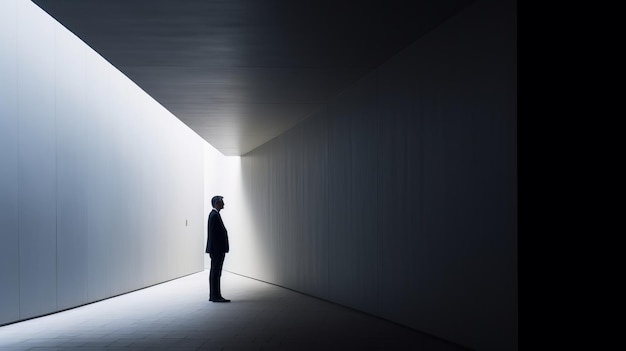 A man stands in a dark room with a light on the wall.