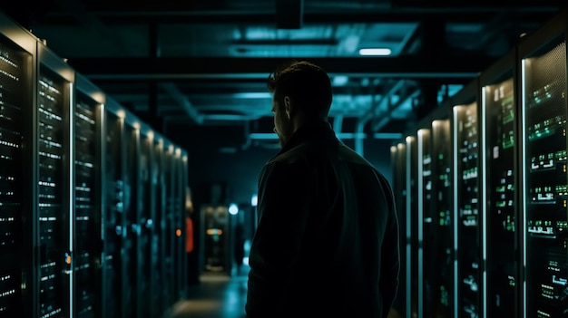 A man stands in a dark room with a lit up display of data servers.