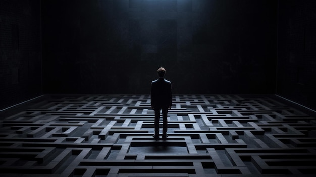 A man stands in a dark room with a maze