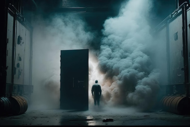 A man stands in a dark room with smoke coming out of it.