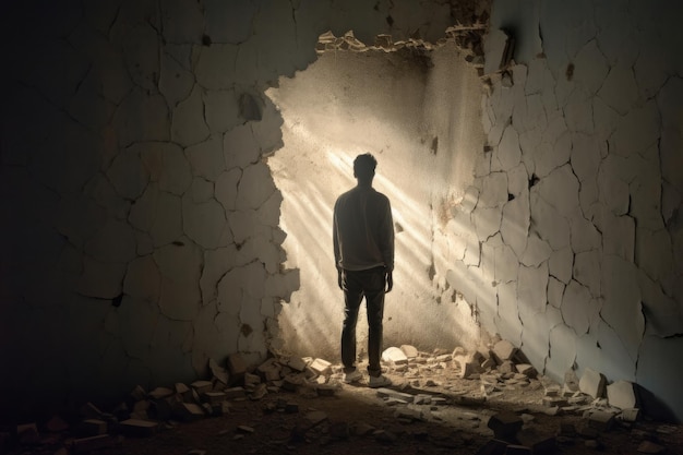 A man stands in a dark room with the sun shining through the hole in the wall