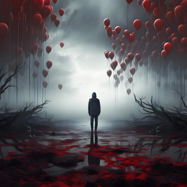 A man stands in the dark with red balloons in the dark