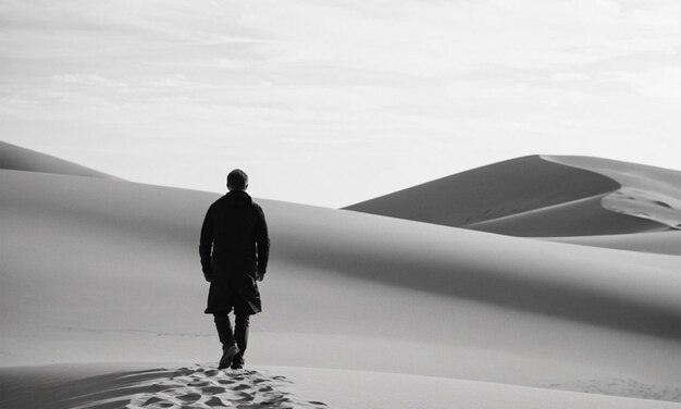 a man stands in the desert looking out to the desert