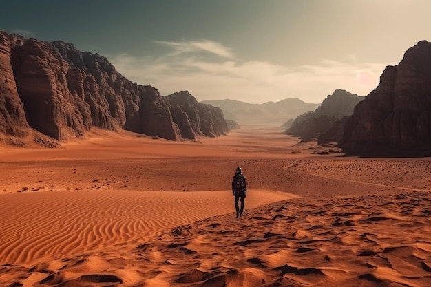 A man stands in a desert with mountains in the background.