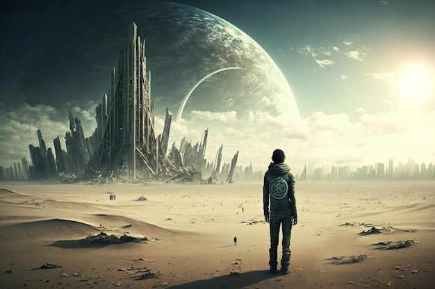 A man stands in a desert with a planet in the background