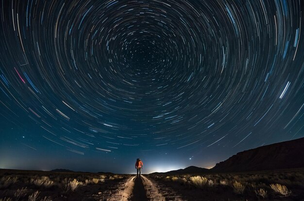 a man stands in a desert with star trails above him