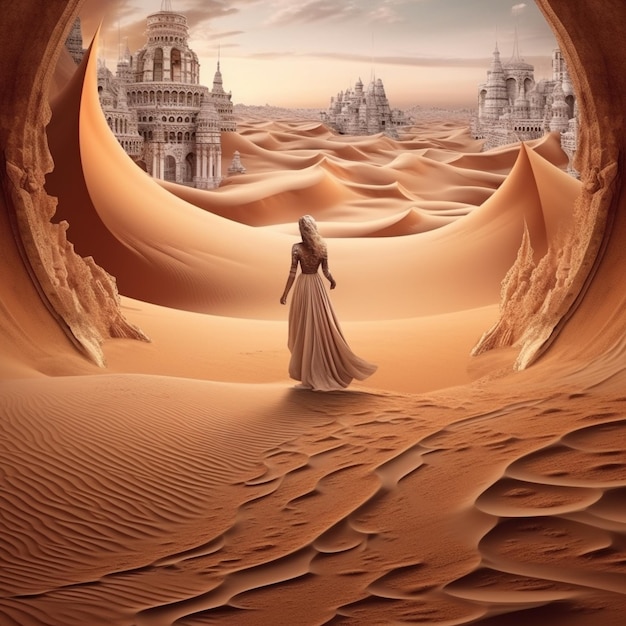 A man stands in the desert with a woman standing in the sand