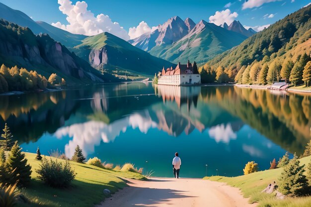 A man stands on a dirt road in front of a lake with mountains in the background.