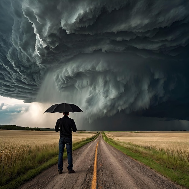 a man stands on a dirt road with an umbrella in front of a storm cloud