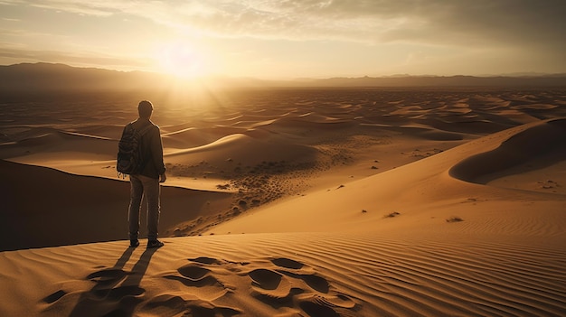 A man stands on a dune in the desert.