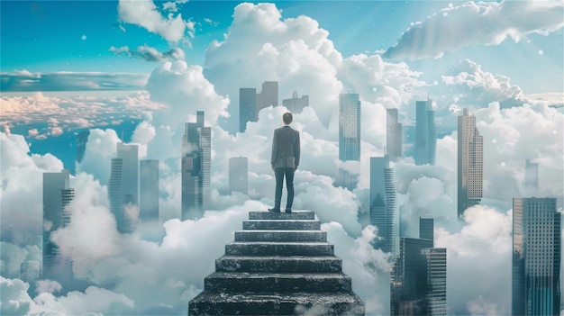 a man stands on the edge of a ladder in the sky with a city in the background