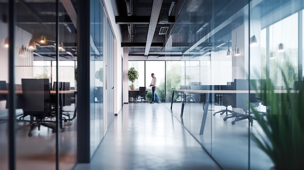 A man stands in an empty office with a desk and a tree in the background.