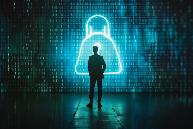 Photo a man stands facing a large padlock representing security and privacy concerns a privacy advocate campaigning for stronger data protection laws