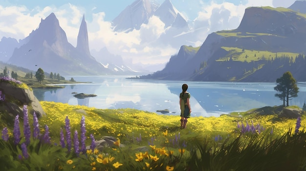 A man stands in a field of flowers and looks at a mountain lake.